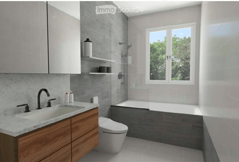 modern bathroom, grey tiled walls, grey marble countertop, white toilet, shower, bathtub, wooden cabinet, white sink
