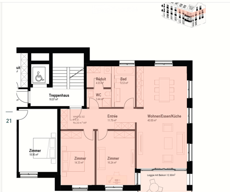 Floor plan of a residential unit featuring a living/dining/kitchen area, three bedrooms, a bathroom, a WC, an entrance, and a staircase.
