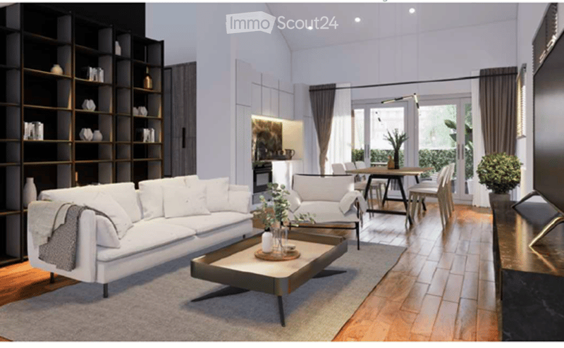 Modern living room with white sofa, coffee table, dining area with chairs and table, bookshelf, and decorative vases.