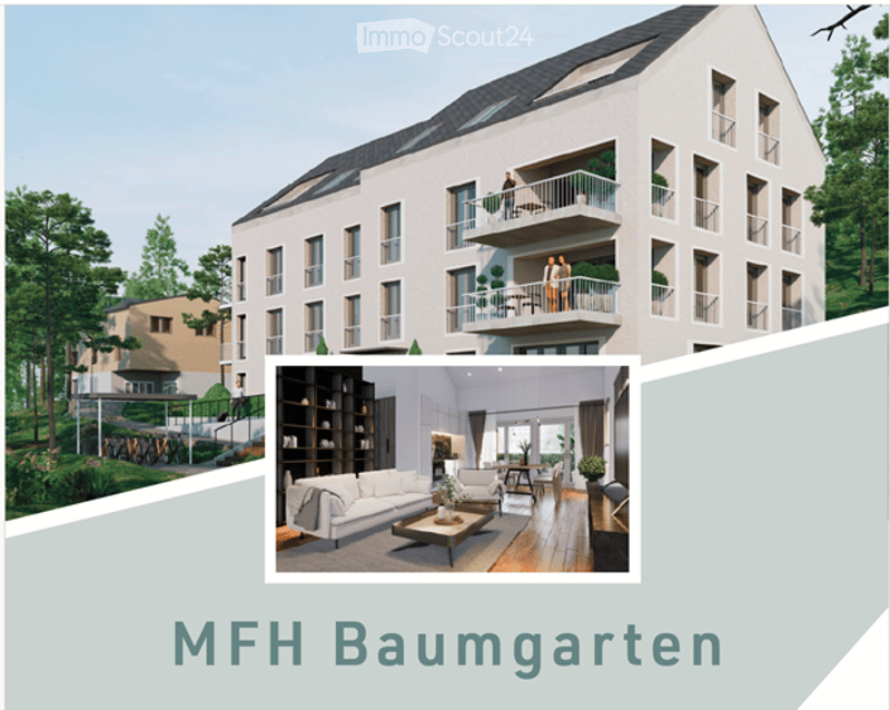 Modern multi-story residential building with balconies, surrounded by greenery and bicycles.