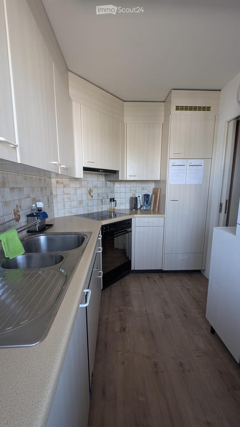 Modern kitchen with light wood cabinets, stainless steel appliances, and a double sink.