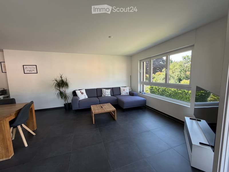 Modern living room with large windows, grey sectional sofa, wooden coffee table, dining table with chairs, and a flat-screen TV on a stand.