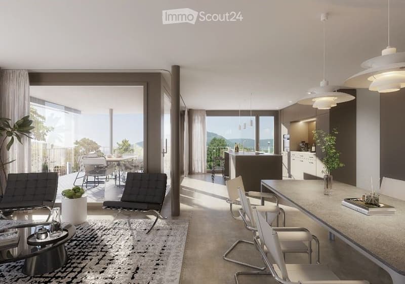 Modern open-plan living and dining area with sleek furniture, pendant lights, and a view of the balcony and outdoor seating area.