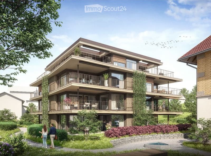 Modern multi-story residential building with multiple balconies, greenery, and a small swimming pool in the foreground.