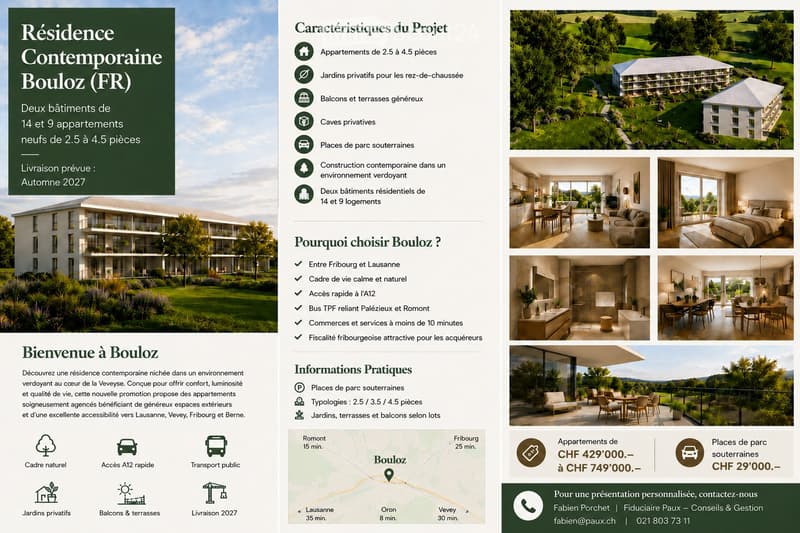 Contemporary residential project brochure featuring two buildings with 14 and 9 apartments, private gardens, balconies, terraces, underground parking, and private cellars. The brochure includes images of the exterior, interior spaces, and a map showing th