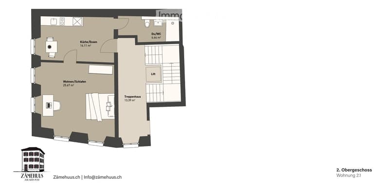 Floor plan of a 2nd floor apartment featuring a kitchen/dining area, living/sleeping area, staircase, bathroom, and elevator.
