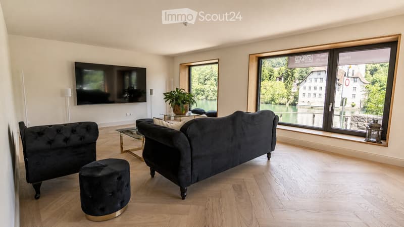 Modern living room with large windows overlooking a scenic view, featuring a black sofa, ottoman, coffee table, screen, and decorative plant.