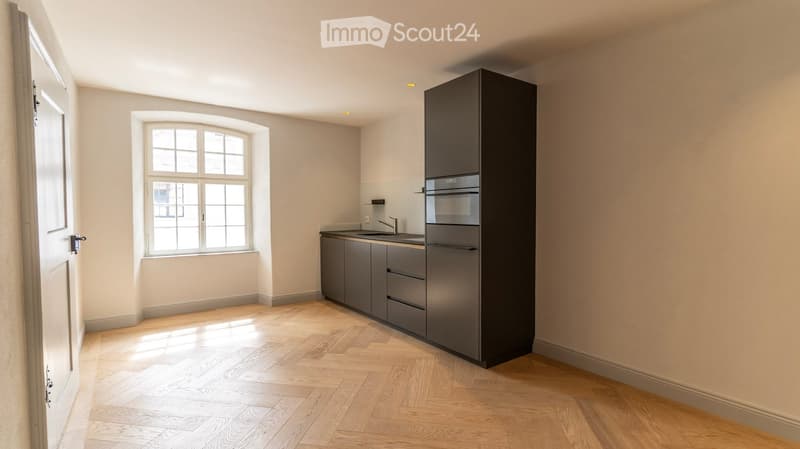 Modern kitchen with grey cabinets, a sink, a faucet, and an oven, featuring wooden flooring and a large window.