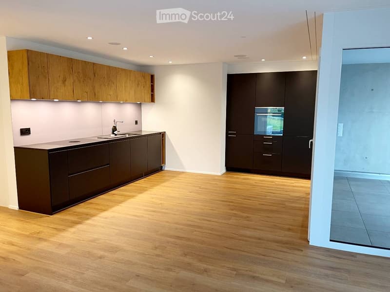 Modern kitchen with wooden and dark cabinets, a central island, and a sink area. The floor is made of light wood, and the walls are painted in neutral tones.