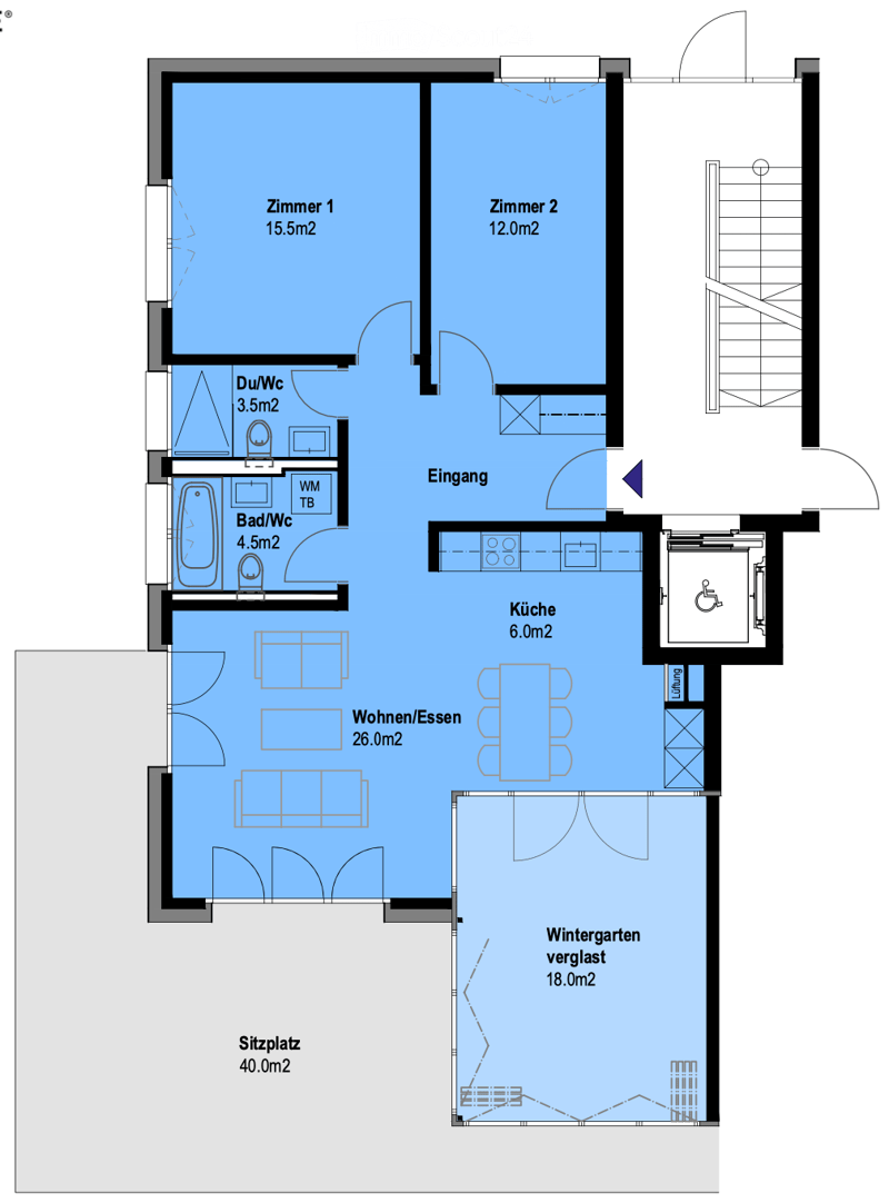 Floor plan showing a multi-room layout including living/dining area, kitchen, two bedrooms, two bathrooms, entrance, winter garden, and a seating area.