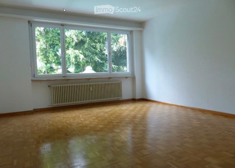 Empty room with wooden flooring, large window, radiator, and white walls.