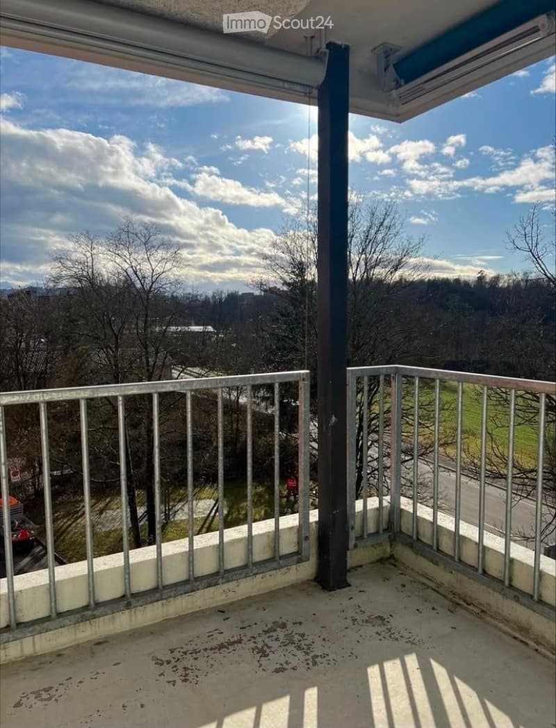 Empty balcony with metal railings, overlooking a scenic landscape with trees and a road.