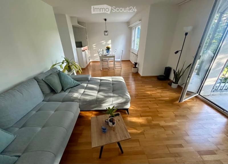 Bright living room with light grey sectional sofa, wooden coffee table, dining area with white table and chairs, and several potted plants. Natural light streams in from large windows and a glass door leading to a balcony.