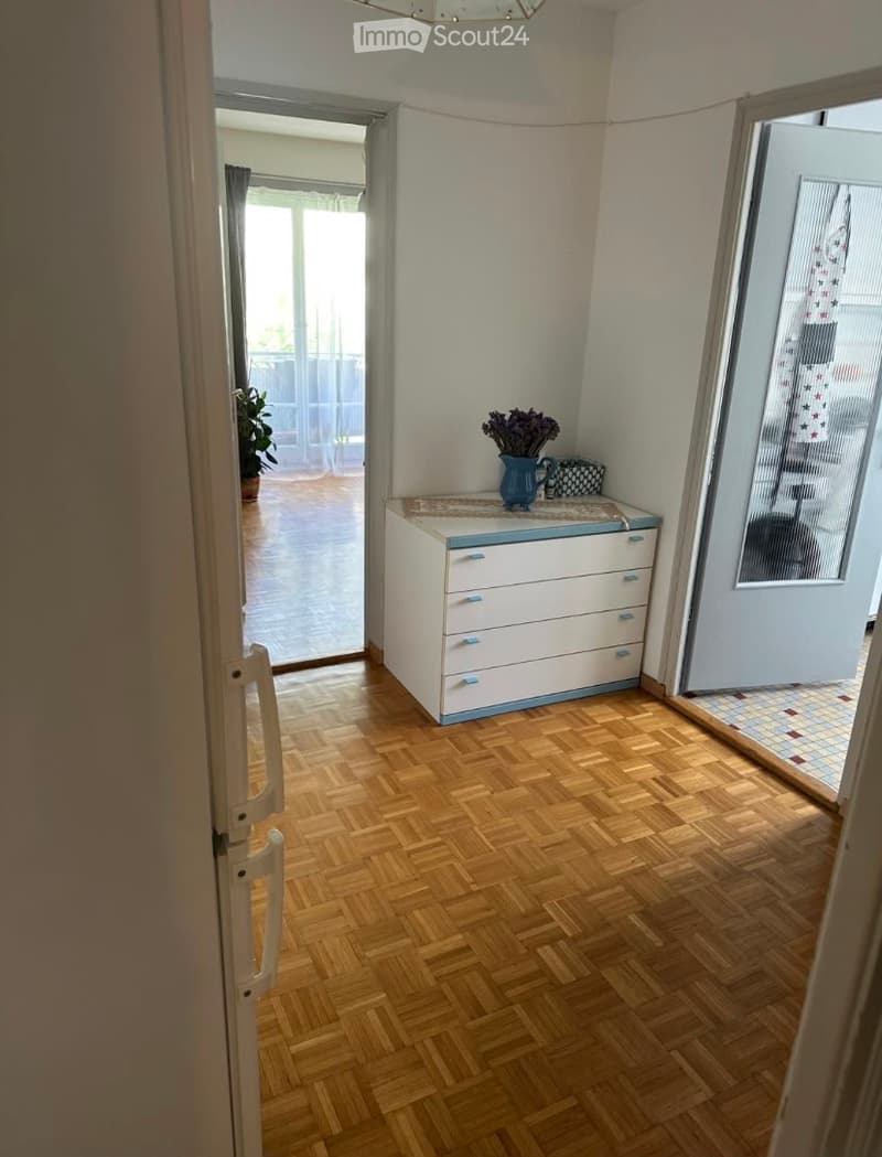 Hallway with wooden herringbone flooring, white chest of drawers with blue handles, vase with flowers on top, and a small table runner. Open door leads to a balcony with outdoor furniture visible.