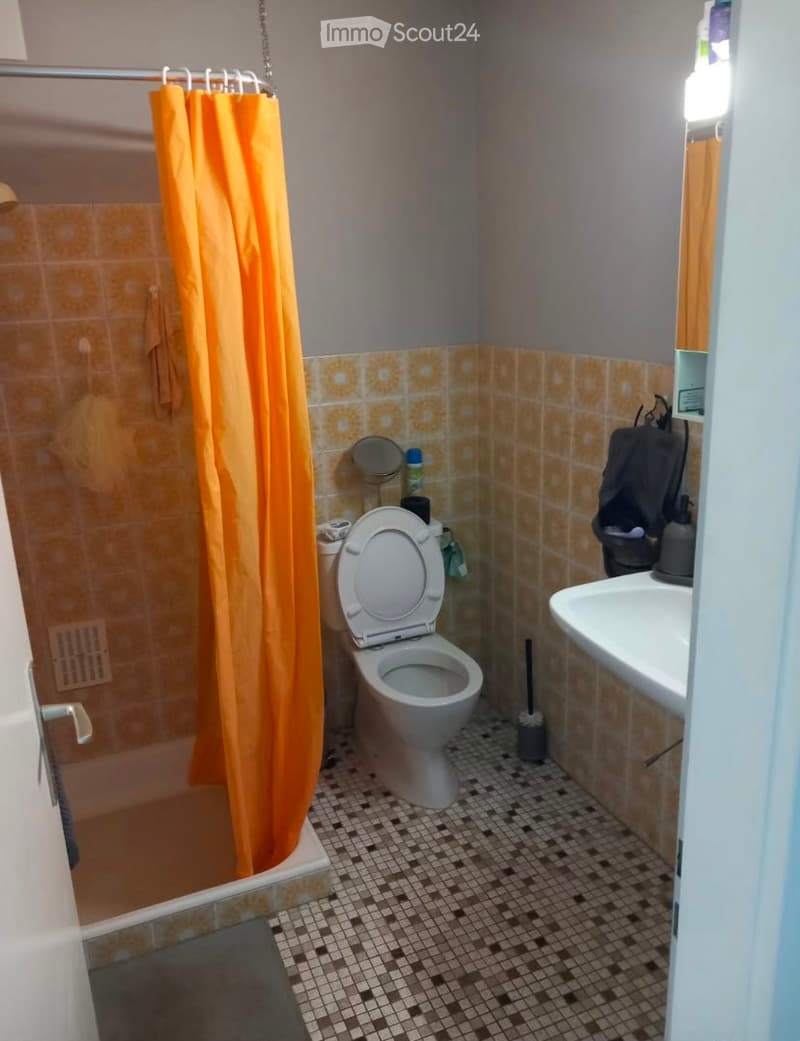 A small bathroom with a toilet, sink, and shower area. The shower has an orange curtain, and the walls are tiled in a warm, patterned design. The floor is covered with small, dark tiles.