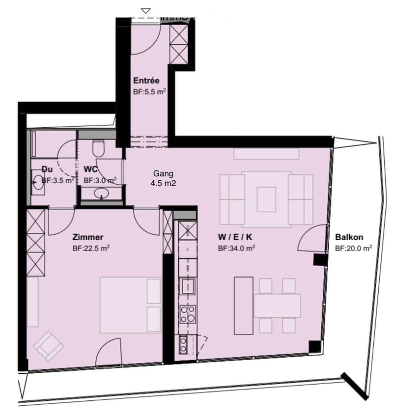 Floor plan of a residential space featuring an entrance, hallway, bedroom, bathroom, kitchen, and balcony.