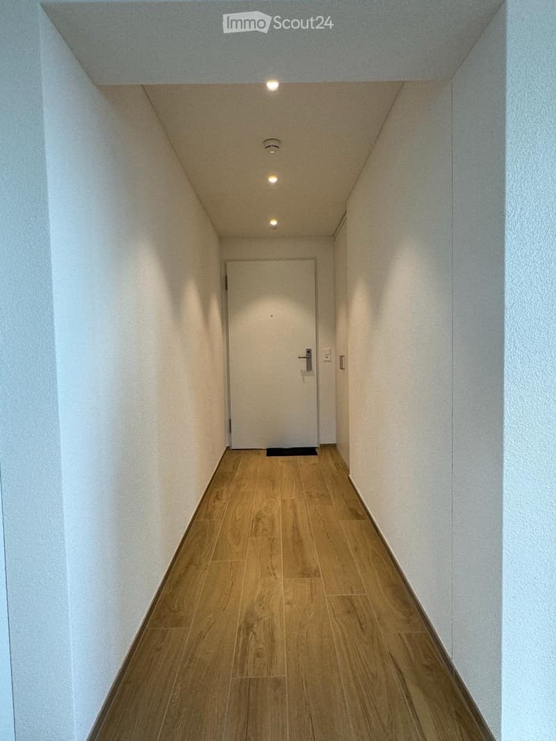 Clean, narrow hallway with light wooden flooring, white walls, and recessed ceiling lighting. A closed door is visible at the end of the corridor.