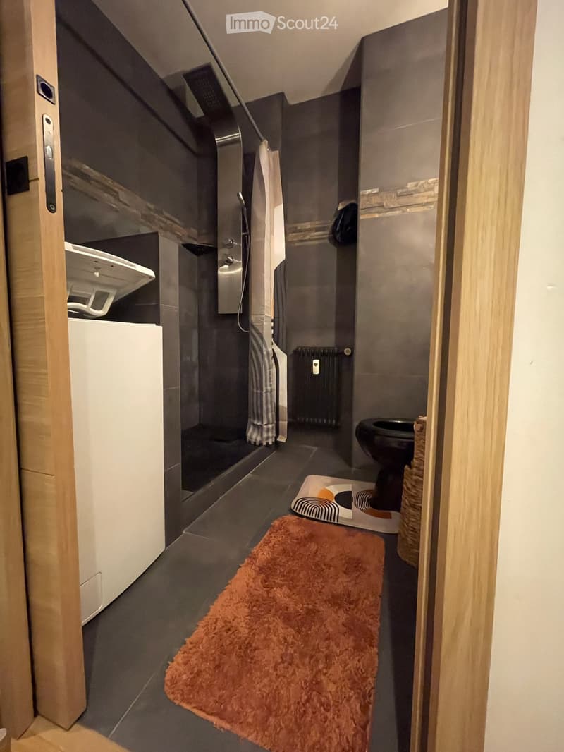 Modern bathroom with dark grey tiles, a toilet, a shower area, a radiator, a red shag rug, and a towel hanging on the wall.