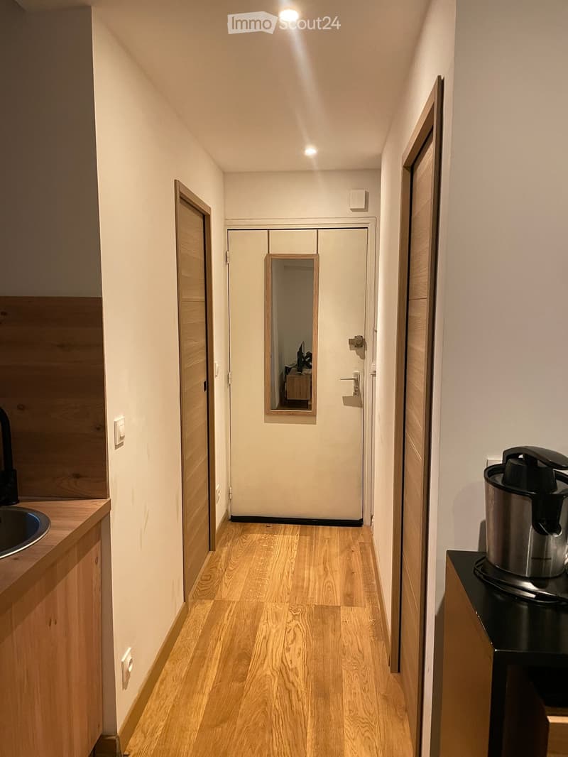 Narrow hallway with wooden flooring, white walls, and recessed lighting. Features a mirrored door and a small wooden cabinet on the left side.