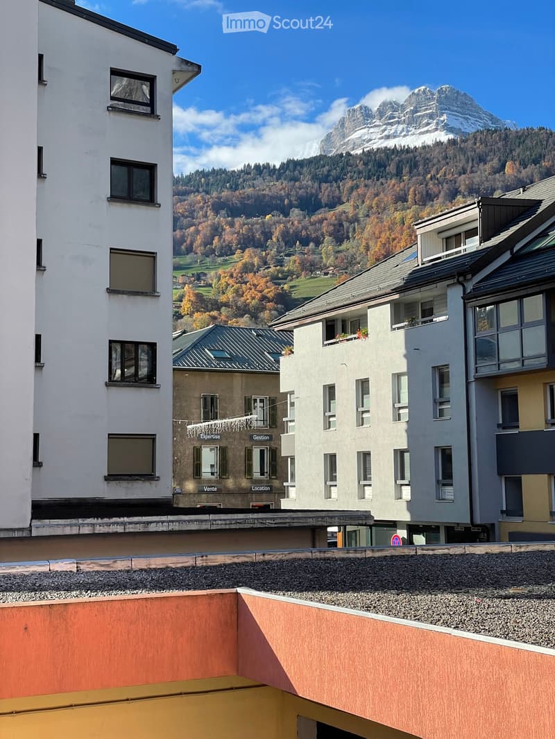 View from a rooftop showing multiple buildings and a scenic mountain backdrop with autumn-colored trees.