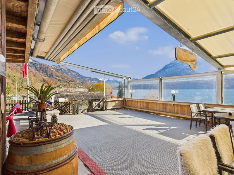 Outdoor terrace with wooden furniture, potted plant, scenic mountain and lake view.