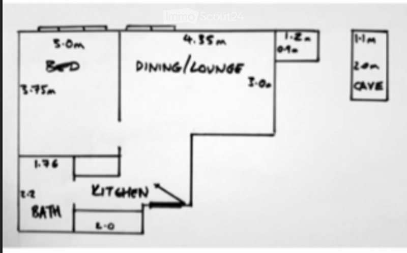 Floor plan showing a 5.0m x 4.95m dining/lounge area, a 2.0m x 1.75m kitchen, a 1.2m x 1.76m bathroom, and a 1.0m x 1.0m cave.