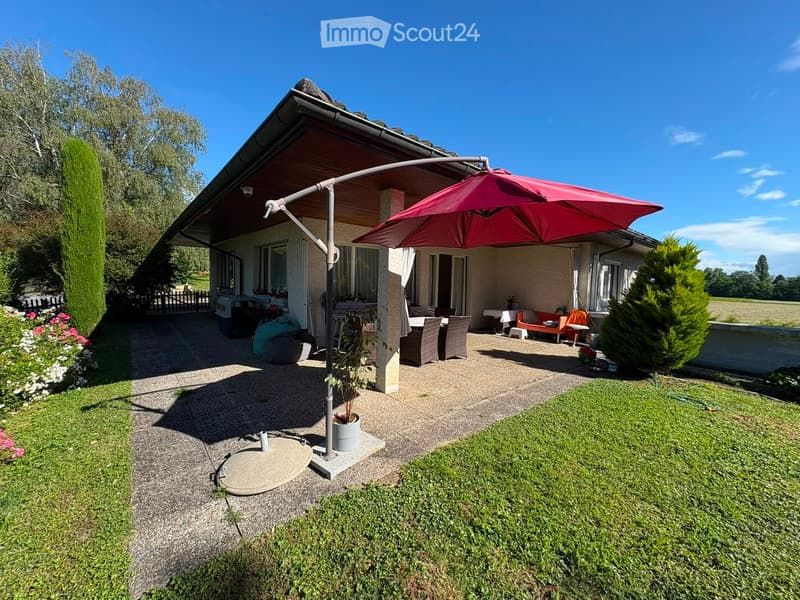 Outdoor patio area with a large umbrella, dining table, chairs, and a small garden with grass and flowers.