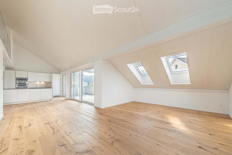 Bright, open attic space with wooden flooring, white cabinetry, and large skylights. The room features a modern design with a glass door leading to a balcony area.
