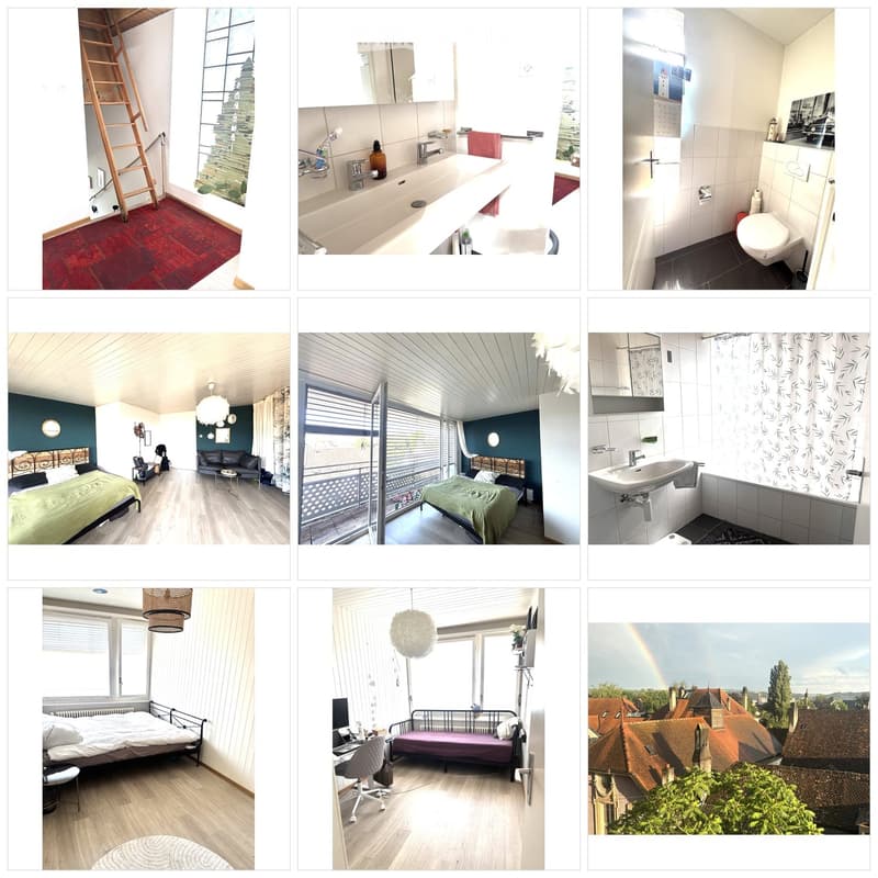 A collection of images showcasing various rooms and a view from a rooftop, including a bedroom, living room, bathrooms, and a scenic cityscape.