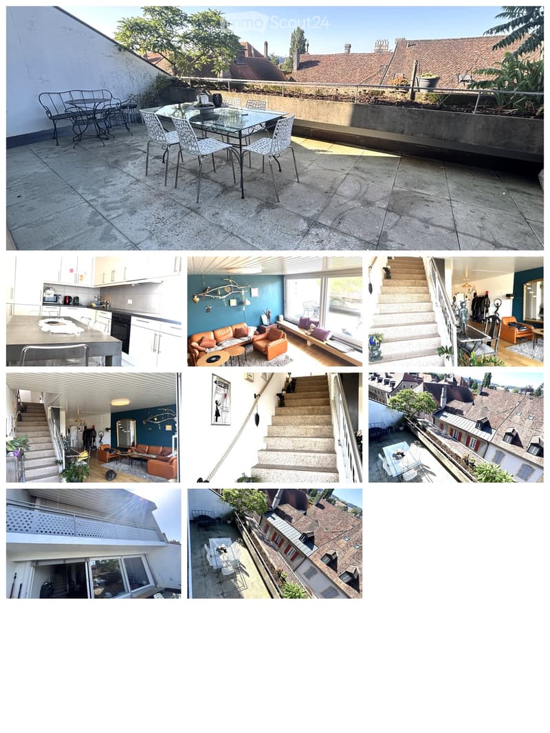 A collage of images showcasing a modern house with multiple balconies and terraces, featuring outdoor dining areas, indoor living spaces, and scenic views of the surrounding area.