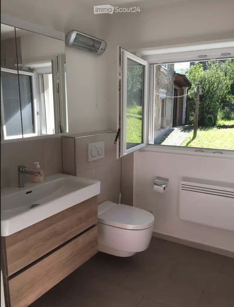 Modern bathroom with a sink, toilet, mirror, and a window offering a view of the garden.