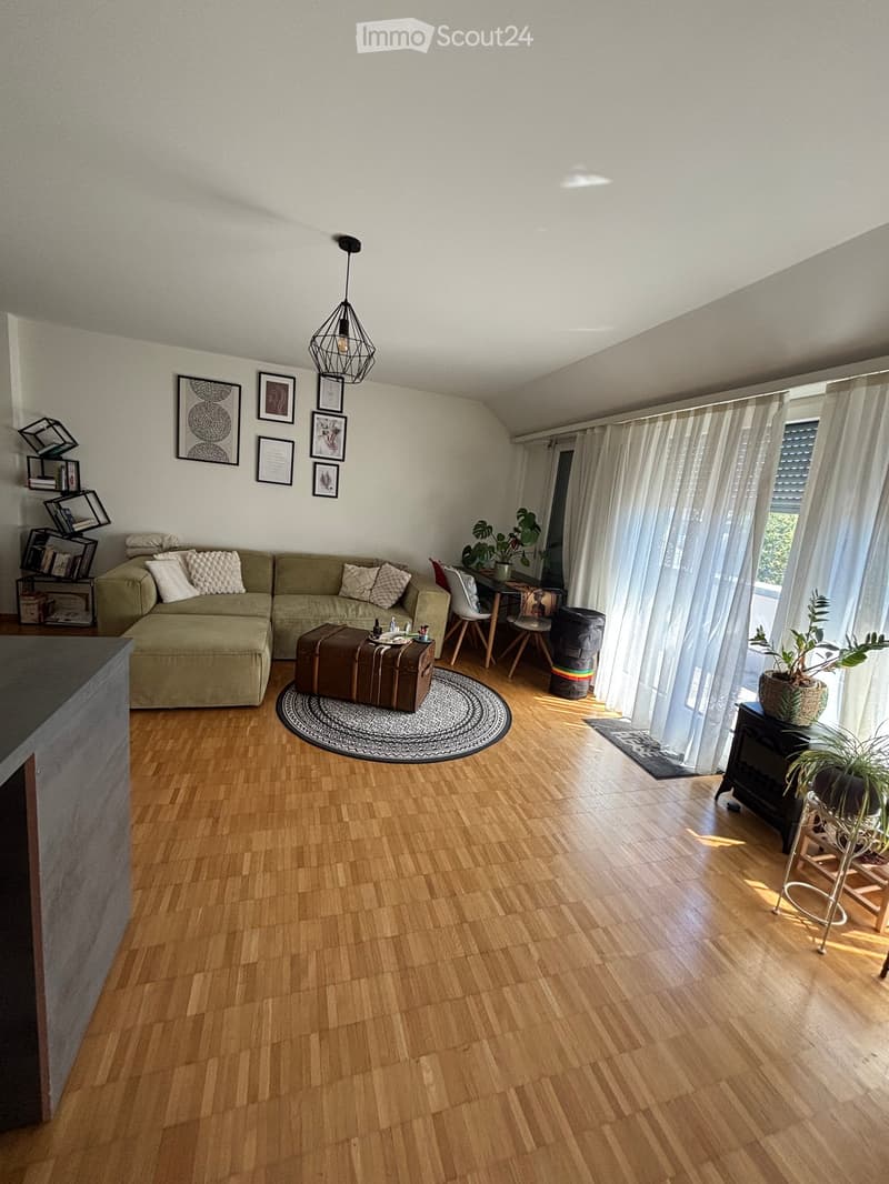Modern living room with wooden flooring, large windows with white curtains, a sectional sofa, coffee table, dining area with chairs and table, potted plants, and wall-mounted shelves with picture frames.