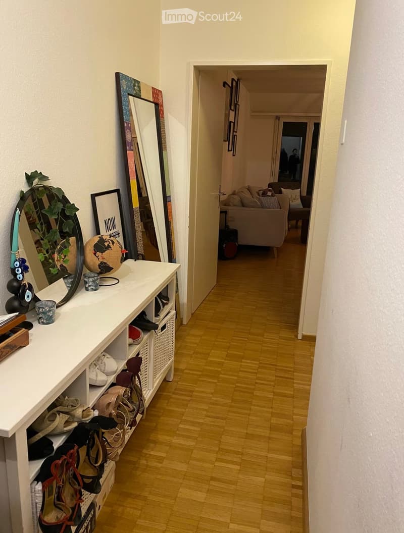 Hallway with wooden flooring, white shoe rack, and a view into a living room with a sofa and coffee table.