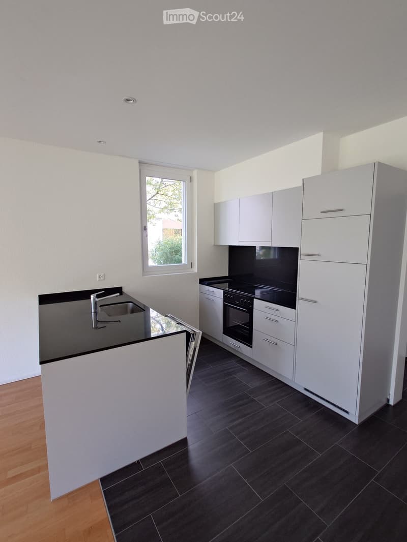 Modern kitchen with white cabinets, black countertops, and a stainless steel sink. Features an oven and a window with a view of greenery.