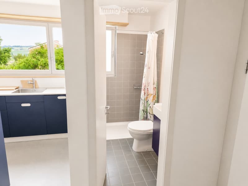 Modern bathroom with a toilet, sink, and shower area. Features grey tiles, dark blue cabinets, and a large window with a view of greenery.