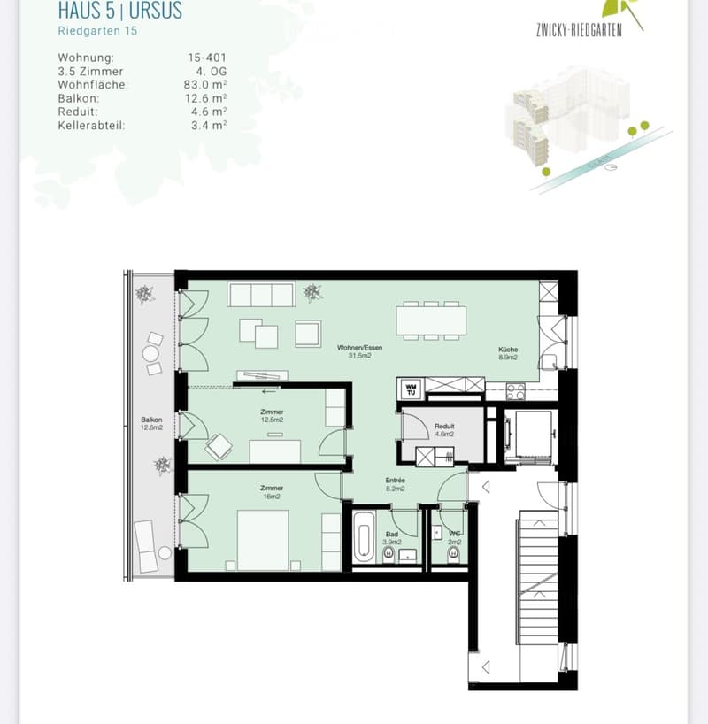 Floor plan of a 3.5-room apartment on the 4th floor, featuring a living/dining area, kitchen, two bedrooms, bathroom, hallway, and balcony.