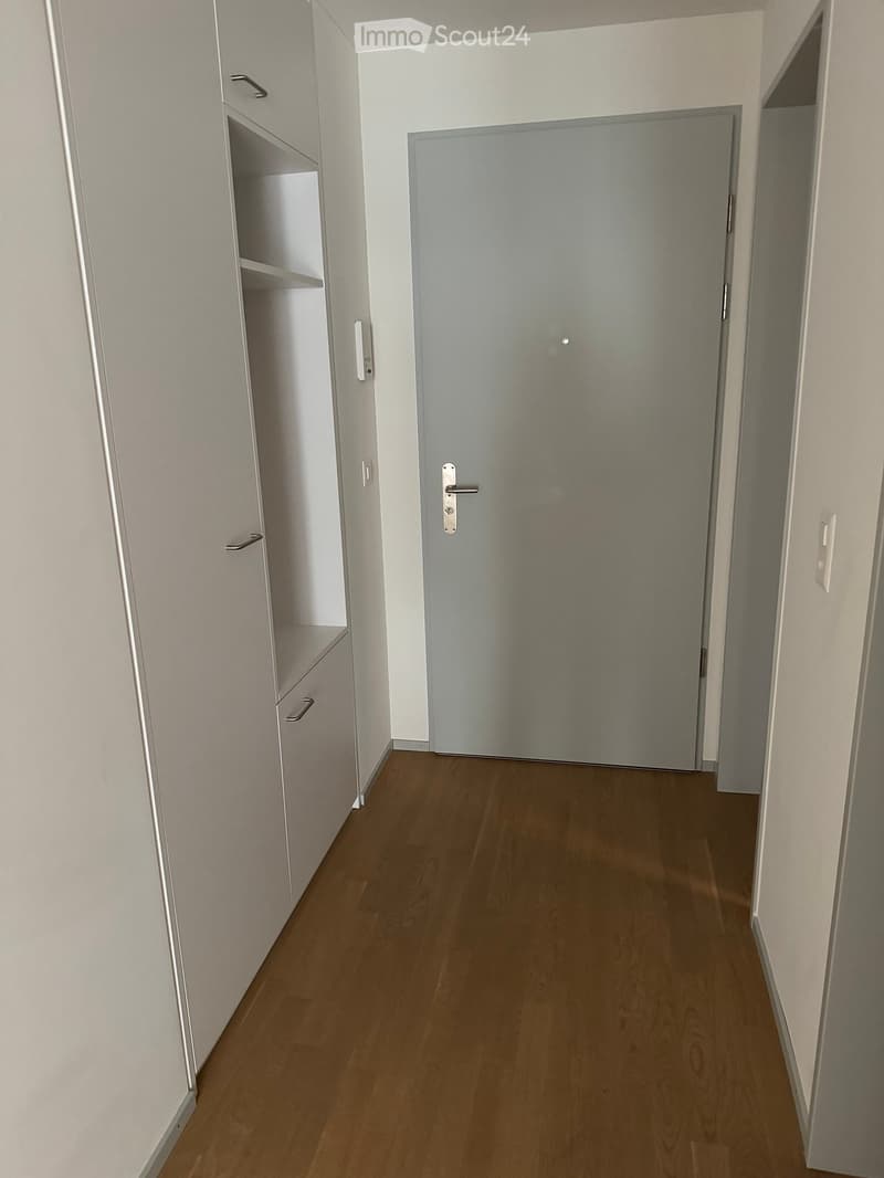 Empty hallway with wooden flooring, white walls, and a closed door at the end.