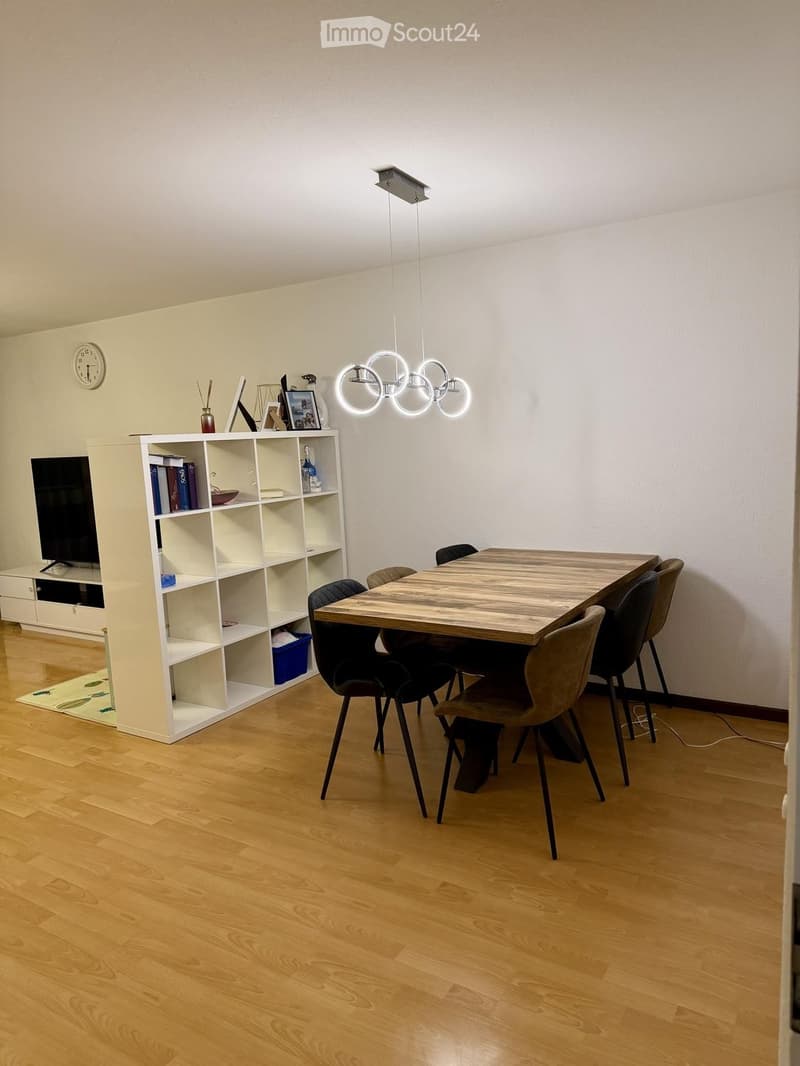 Dining room with wooden floor, modern pendant light, dining table with chairs, white shelving unit with books and decorative items, and a wall-mounted TV.