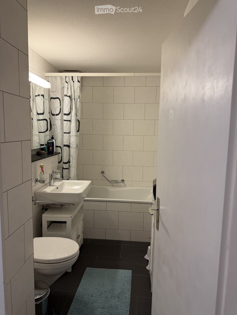 Modern bathroom with a white sink, bathtub, toilet, and a small cabinet. The walls are tiled in light beige, and the floor is dark. A shower curtain with a geometric pattern is visible, along with a small blue rug in front of the bathtub.