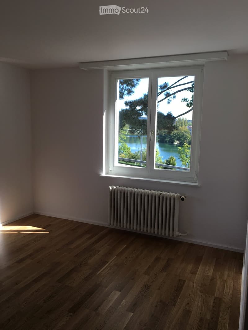 Empty room with wooden flooring, white walls, a radiator, and a large window offering a scenic view of a lake and trees.