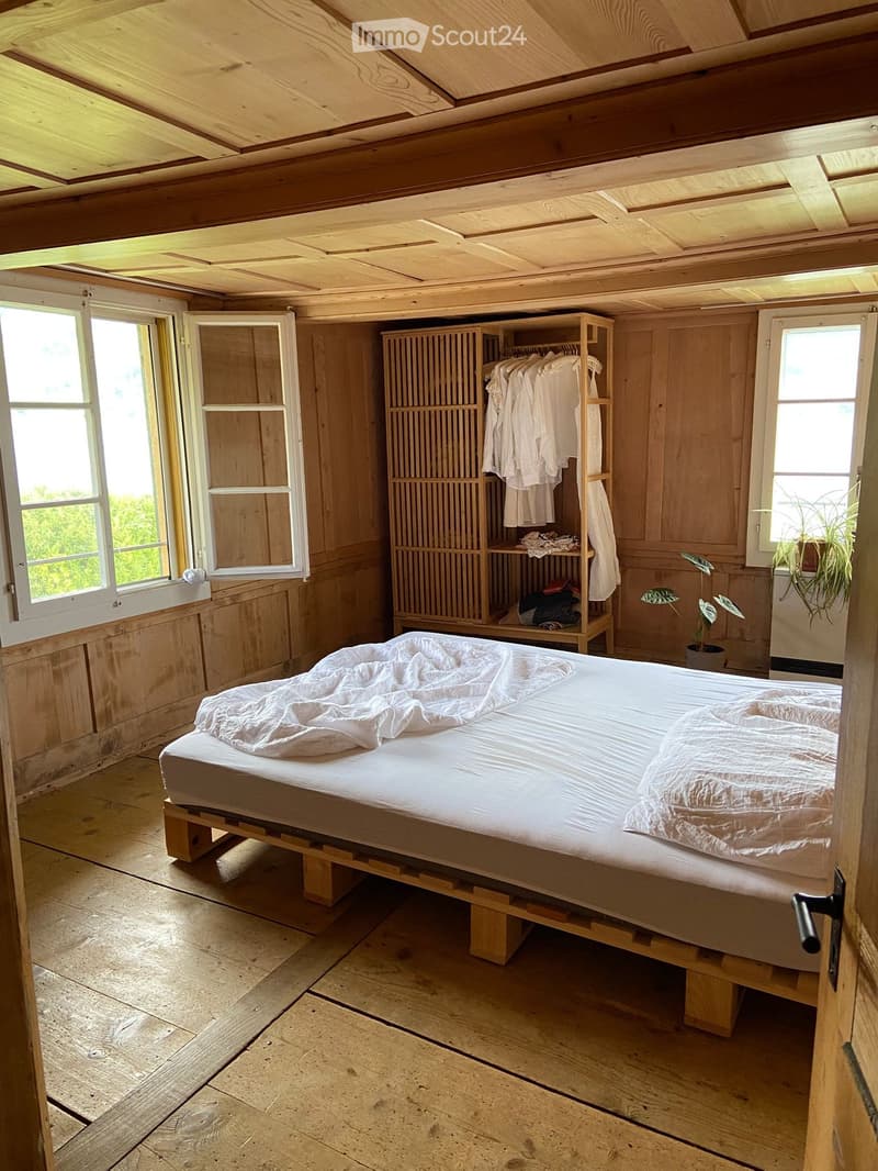 Cozy wooden bedroom with a raised platform bed, wardrobe, and potted plants near the windows.