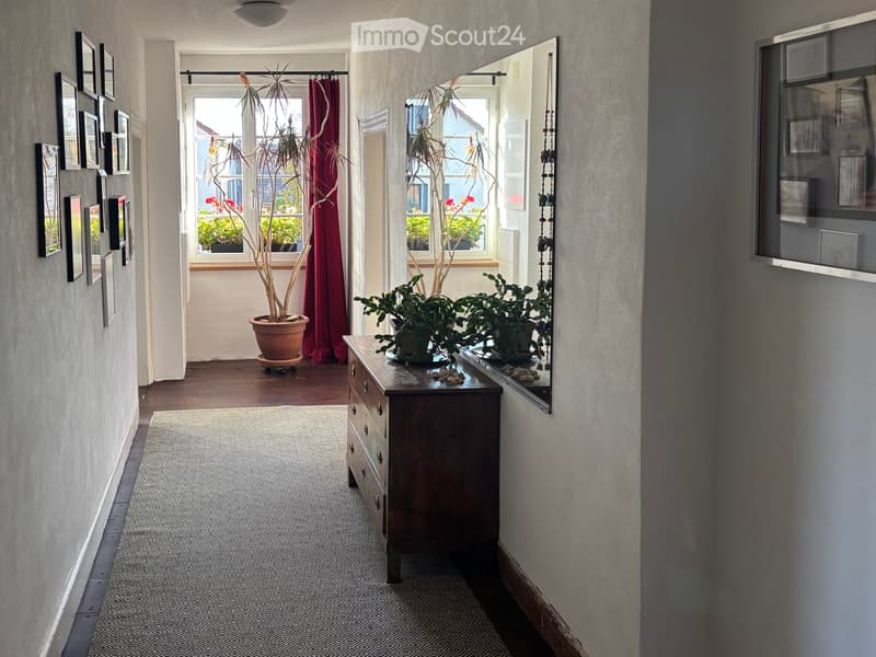 carpet, hallway leading to rooms, wooden dresser with potted plants, wall-mounted mirror, picture frames, ceiling light