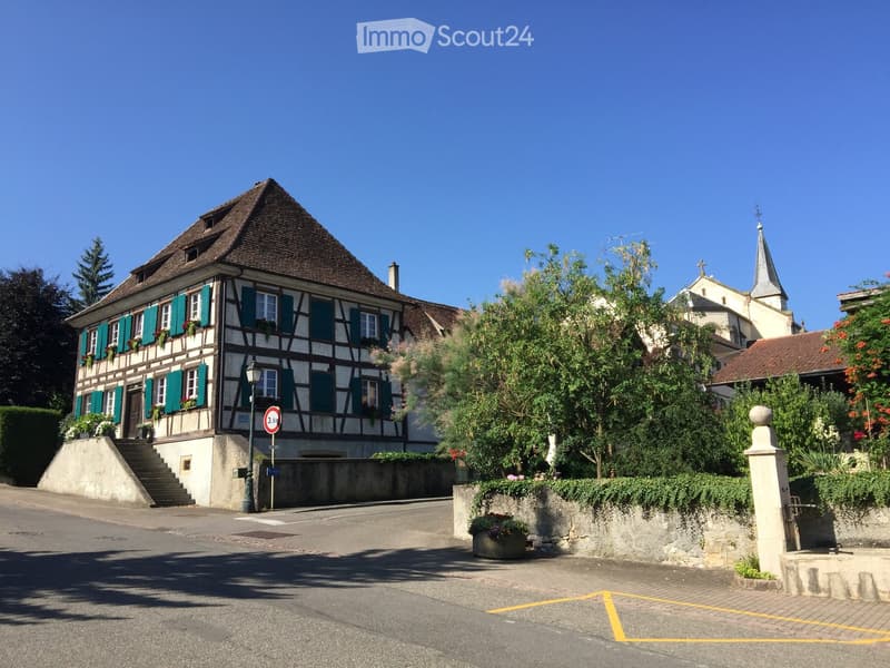 3 story house with a sloped roof, brick and timber facade, stairs, garden with plants and flowers, street light