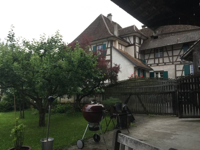 charcoal grill in the middle of the garden, with a bench on the side, wooden fence