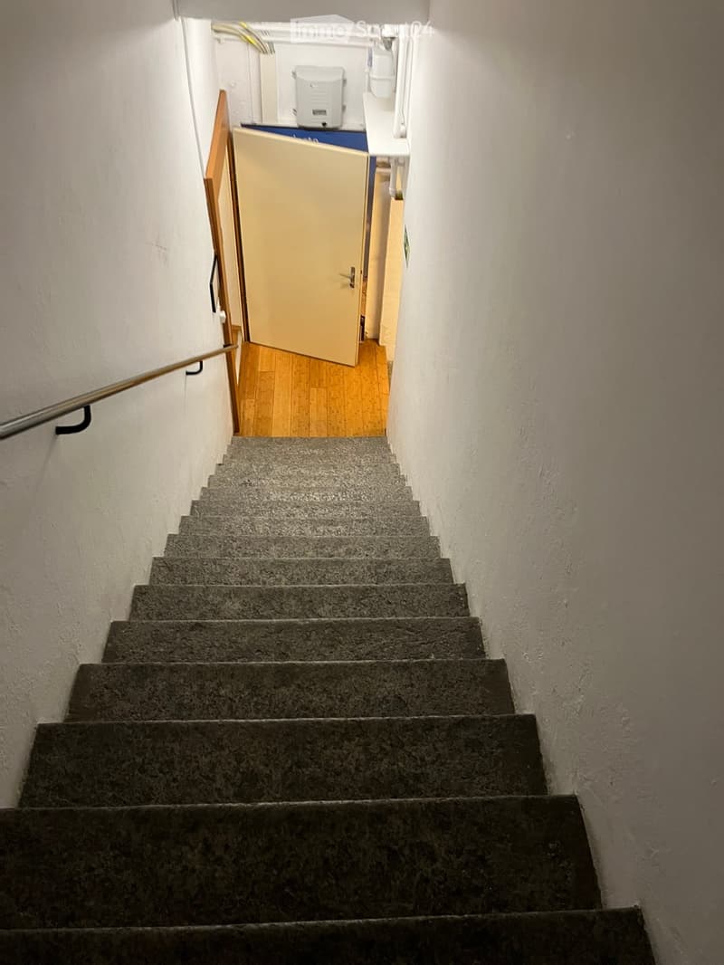 A concrete staircase with a handrail and wooden steps leading to an open door.