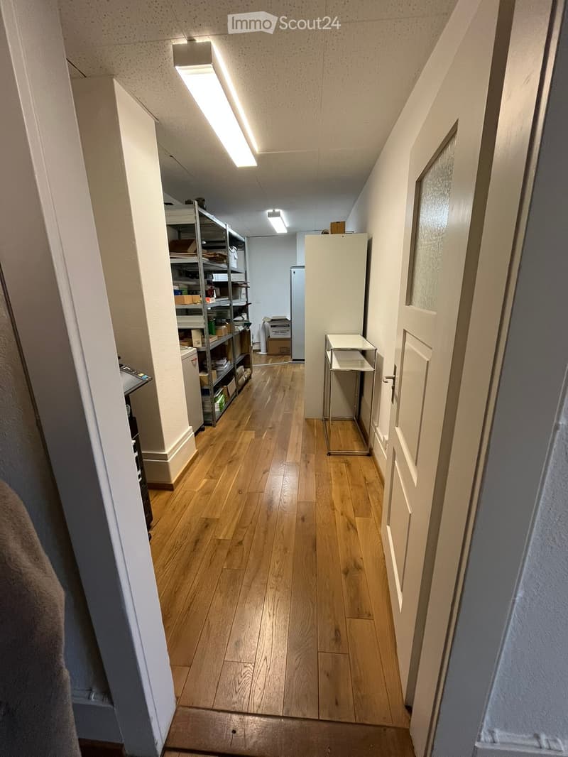 corridor with hardwood floors, metal framed shelving, ceiling lights, white doors