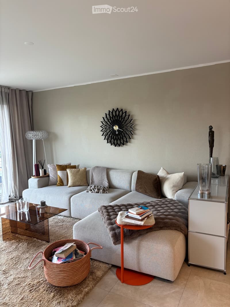 Modern living room with a grey sectional sofa, decorative pillows, a glass coffee table, a side table with a fur throw, a woven basket, and a floor lamp.