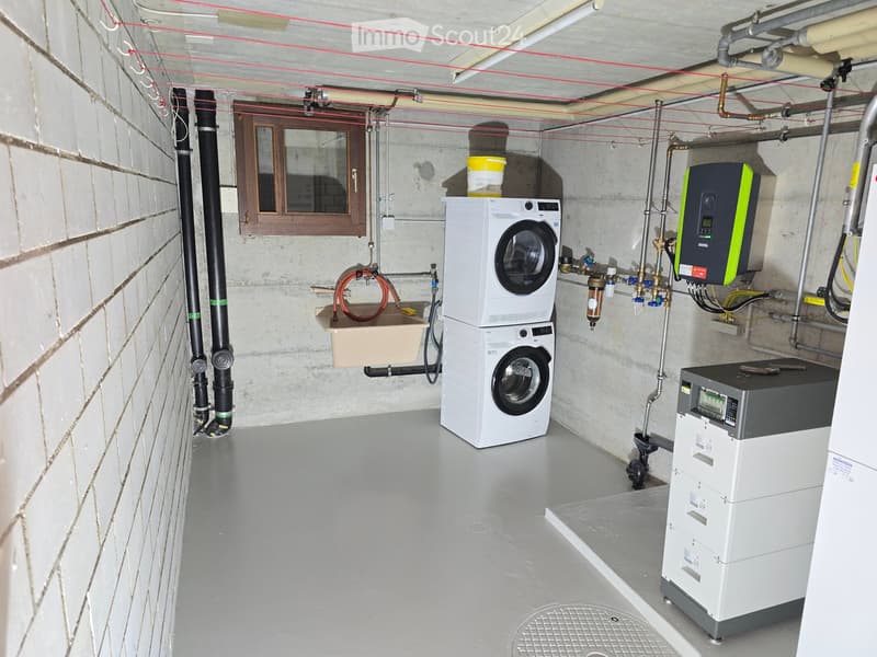 Utility room with a washing machine, sink, water heater, and electrical panel, exposed pipes and wiring.