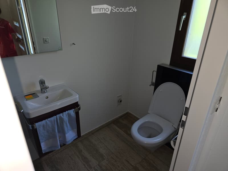 Modern bathroom with a white sink, chrome faucet, toilet, and a mirror above the sink. Blue towels are hanging on the side of the sink.