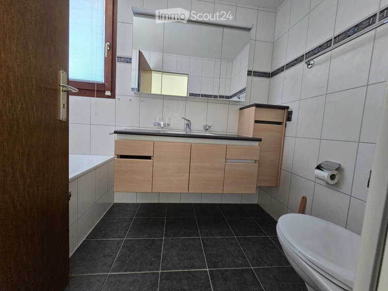 Modern bathroom with white tiles, dark tiled floor, wooden cabinets, sink, mirror, and toilet.